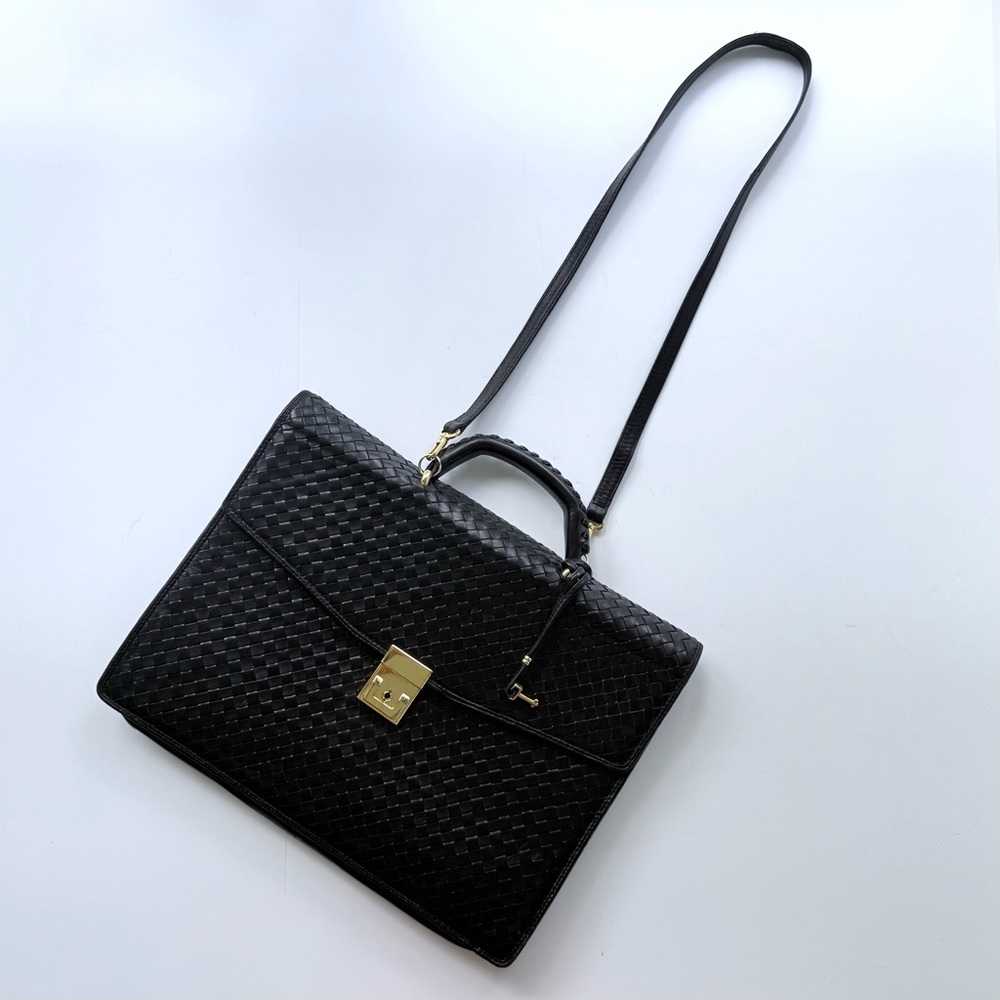 Vintage Florence Leather School / Scuola Del Cuoio Black Woven Leather Briefcase - Picture 12 of 16